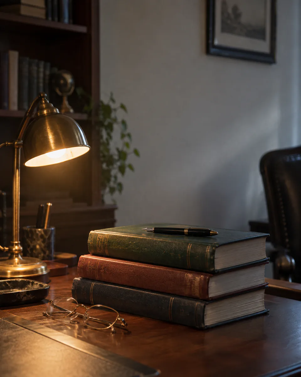 Three hardbound books stacked on a polished wooden desk with a fountain pen, reading glasses and a brass lamp in a book-lined room.