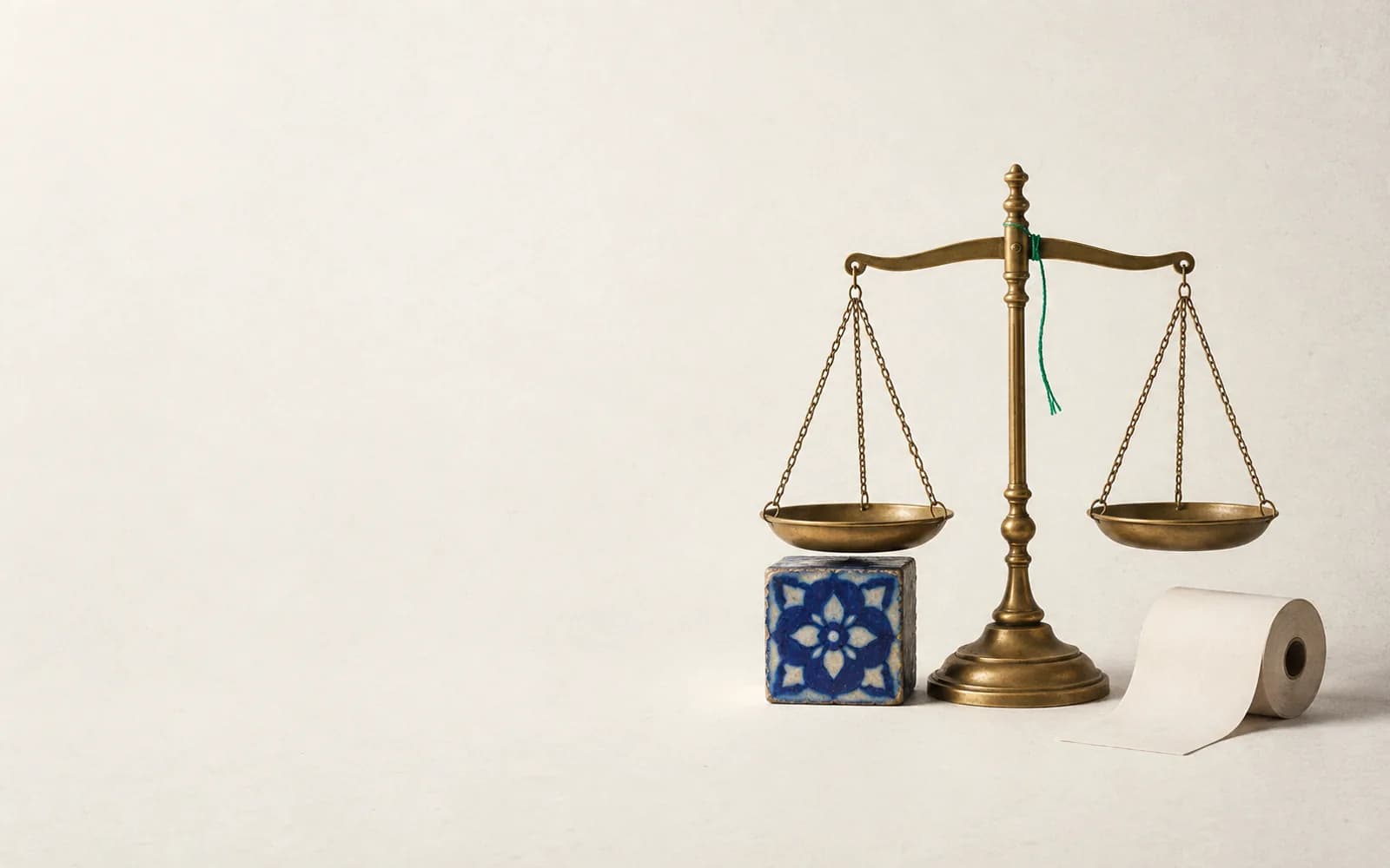 A brass bazaar weighing scale, its two pans level, on a paper-white surface, with a folded receipt roll beside it and a single kashi-blue tile under one pan.