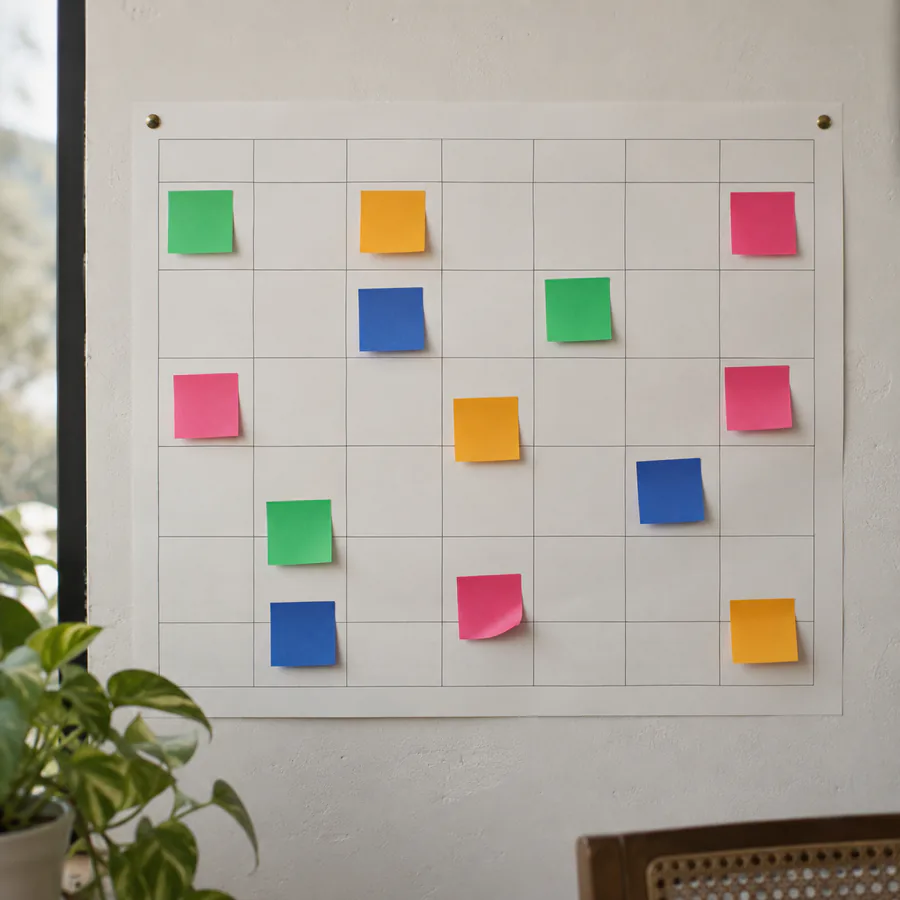 A blank month grid pinned to a plaster wall with brass tacks, scattered with green, blue, pink and orange sticky notes, a pothos plant and a cane chair edge in the foreground.