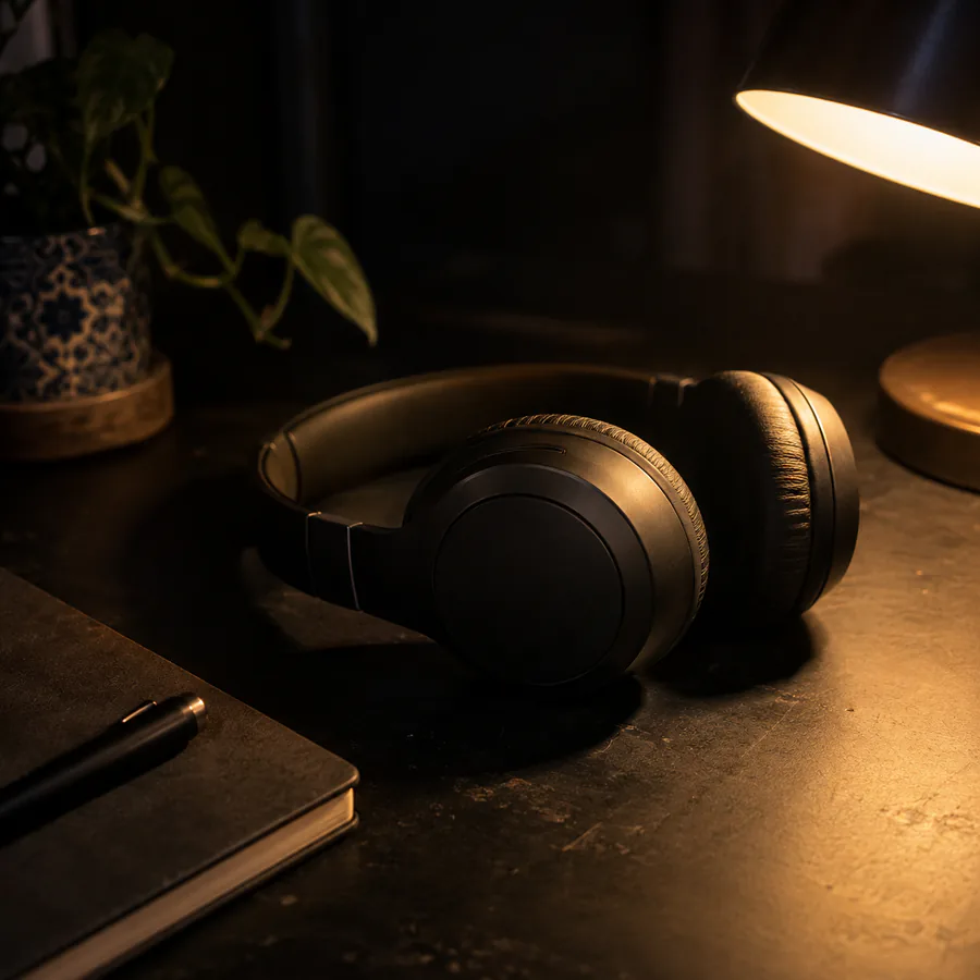 Closed studio headphones and a notebook on a dark desk under a warm lamp, with a blue-and-white tiled planter behind them.